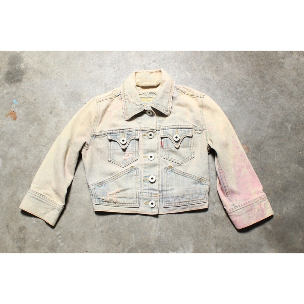 Vintage Y2K Levis Distressed Stained Crop Top Jean Jacket - Small